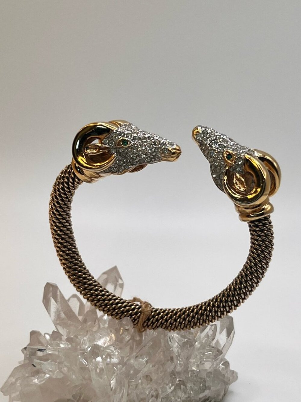 Vintage Ciner Style Gold Tone Mesh Cuff Bracelet Rhinestone Ram Heads